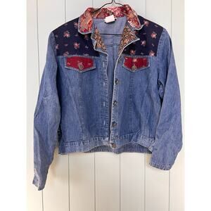 Coquelicot Edwards Denim Jacket Floral Western Boho Contrast Yoke Womens L
